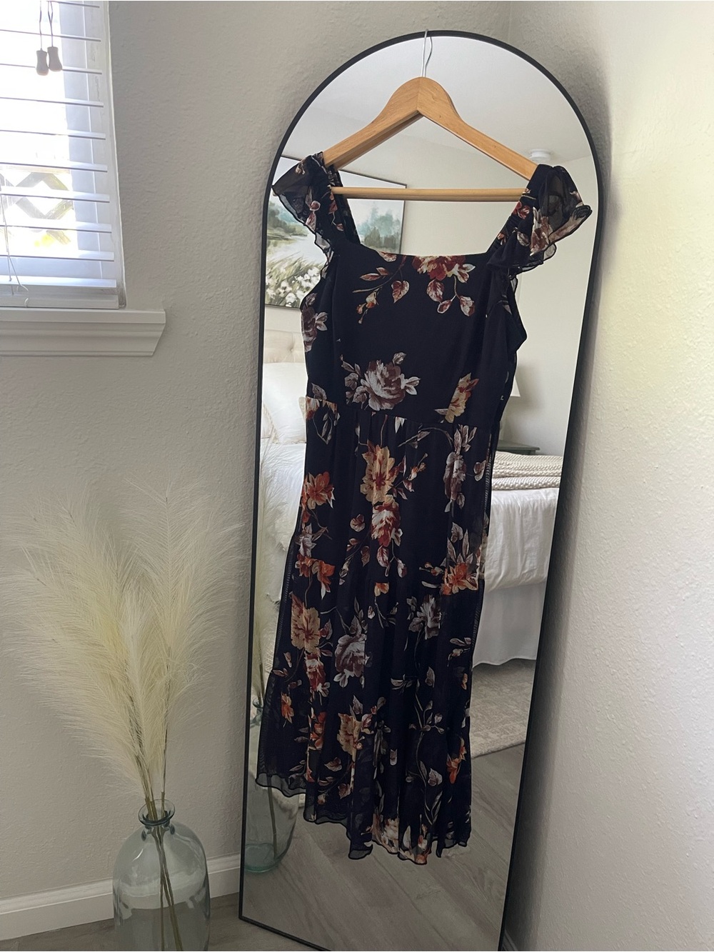 Navy Floral Ruffle-Strap Midi Dress